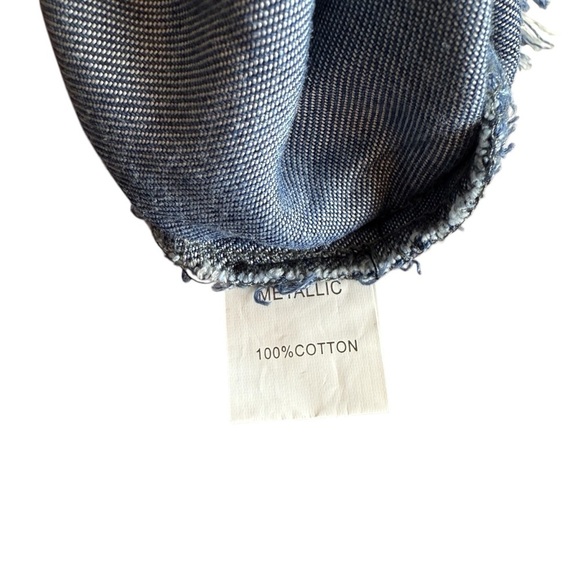 Metallic Blue Denim Maxi Dress Fringe Edging Full Front Button Down Tie Waist - Picture 9 of 9